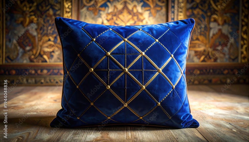 Obraz premium Luxurious Deep Sapphire Blue Velvet Cushion with Intricate Golden Thread Embroidery and Diamond Pattern