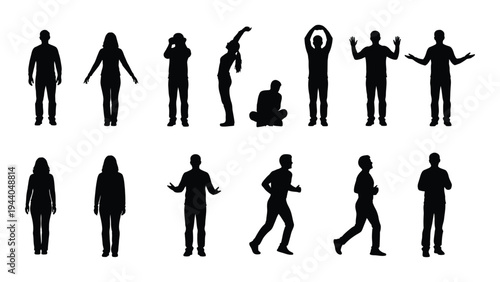 Collection of diverse human silhouettes in various poses and actions