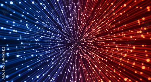 Abstract explosion of red and blue light particles.