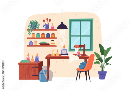 Cozy home interior scene with burning candles and jars on shelves
