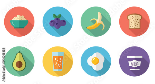 Set of 8 Flat Design Healthy Breakfast Food Icons Vector