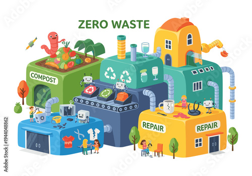 Zero waste concept illustration showing composting, recycling, and repair processes with robots and people