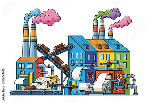 Cartoon factory with conveyor belts processing logs into paper rolls and emitting colorful smoke