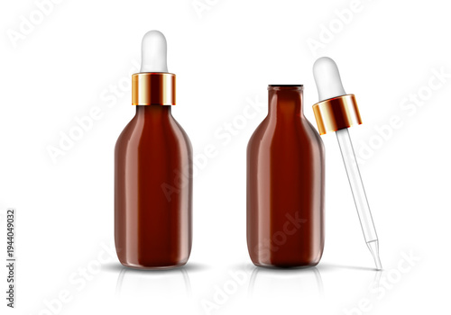Realistic cosmetic serum bottles mockup with glass transparen dropper, vector set isolated on white background. Browntopen and close containers with golden caps, skincare product packaging