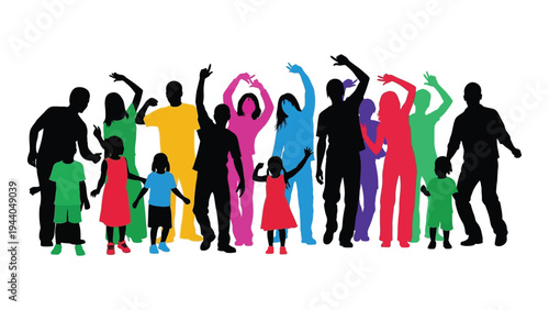 Vibrant silhouette illustration of a diverse group of people celebrating together in harmony and joy