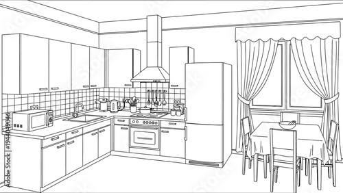 Modern kitchen interior sketch with cabinets microwave stove and dining table for coloring book line art vector illustration of domestic home furniture
