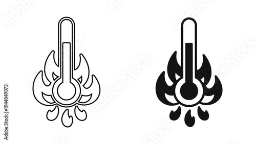 High Temperature Fever Icon Medical Thermometer with Flame and Sweat Drops for Heatstroke and Illness Symbols