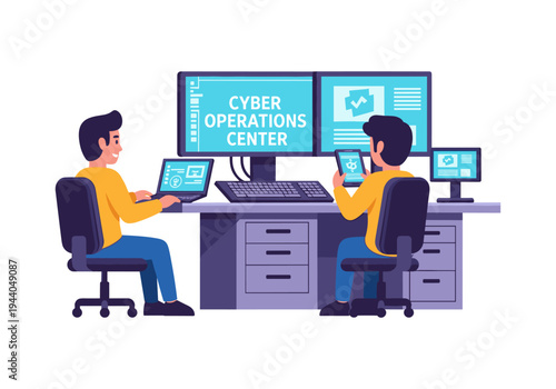 Cyber Operations Center with two analysts monitoring screens and using computers