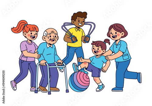 Diverse group of people engaged in physical therapy and exercise activities together