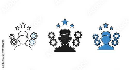 Human Resources Management Icon Set: Stars, Gears, and Profile - Three Styles