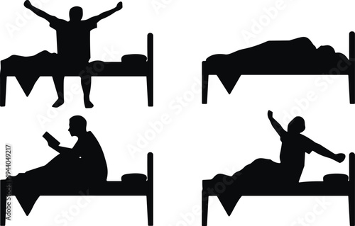 Silhouette set of man waking, sleeping, stretching, and reading in bed isolated on white background showing daily routine and lifestyle concepts