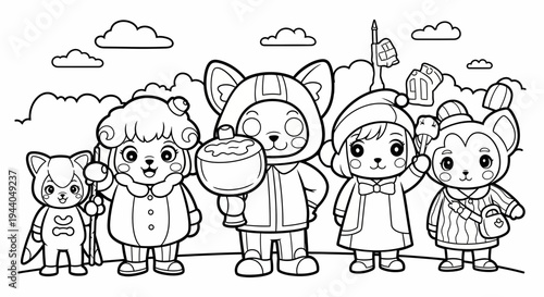 Cute Animals Coloring Page: Friends in Winter Outfits Holding Treats