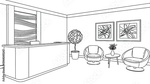 Reception area waiting room line art illustration with counter chairs and wall art for adult coloring book minimalist office interior design sketch