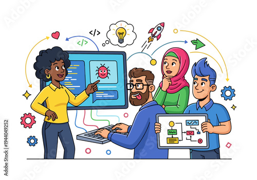 Diverse team collaborating on a software development project with a bug and a flowchart