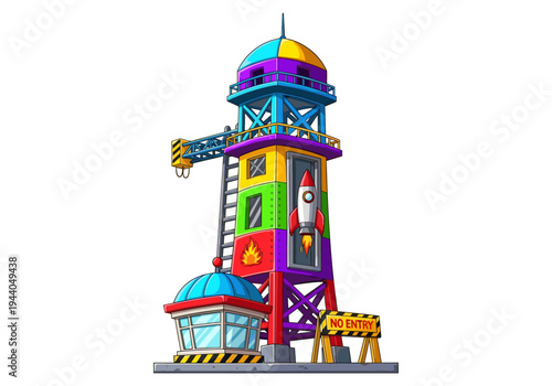 Colorful cartoon rocket launch tower with crane and control booth