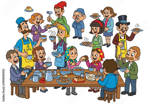 Diverse group of cartoon people enjoying a hearty meal together at a long wooden table