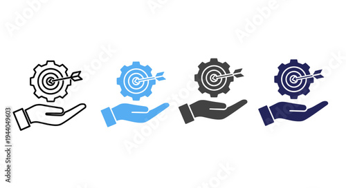Hand Holding Gear with Target and Arrow Icon - Strategy and Goal Achievement