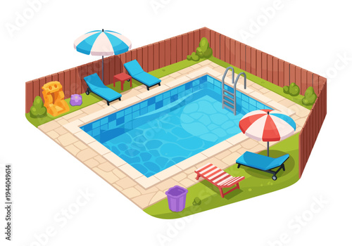 Isometric backyard swimming pool scene with lounge chairs and umbrellas