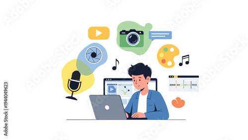 A man sitting at a desk working on a laptop with various multimedia icons floating around him on a white background.