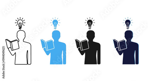 Person Reading Book Icon with Lightbulb Idea Symbol - Four Styles
