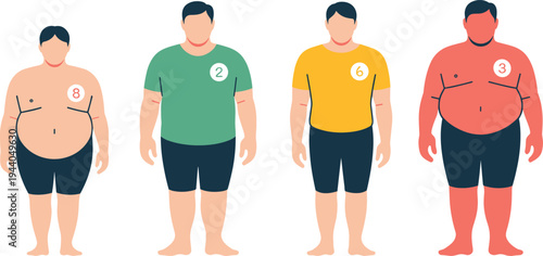 Male body shape types illustration, different male body fat distribution chart, ectomorph mesomorph endomorph comparison, health fitness infographic