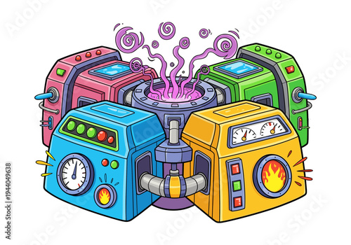 Cartoon laboratory machines creating colorful energy in a science experiment