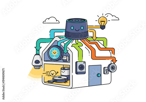 Cute smart home assistant controlling various devices with colorful tubes and happy faces
