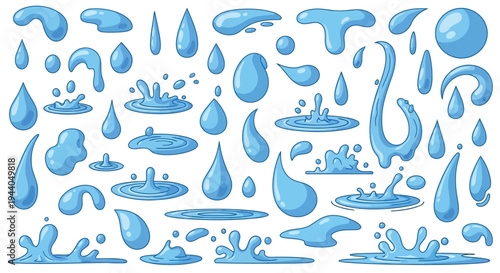Whimsical collection of blue water droplets in various shapes and sizes Vector