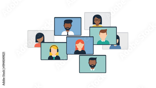 Illustration of diverse people on video conference calls with multiple screens on a white background in a modern tech setting.