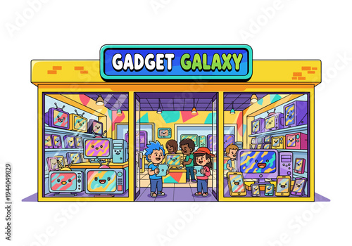Children exploring a colorful electronics store filled with cute, animated gadgets and screens