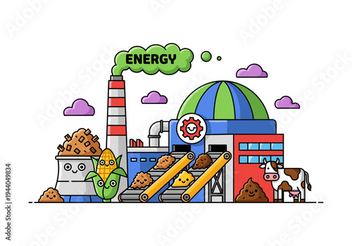 Cute cartoon factory producing energy from agricultural waste and cow manure