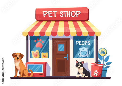 Charming pet shop storefront with two adorable dogs and colorful awning