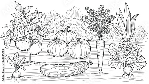 A garden scene with various vegetables, including tomatoes on a vine, pumpkins, carrots, cabbage, a beet, and a cucumber on ground