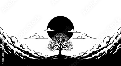 Monochromatic Tree Silhouette Against Full Moon and Dramatic Clouds