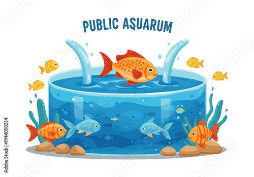 Colorful cartoon public aquarium with various fish swimming in a large tank