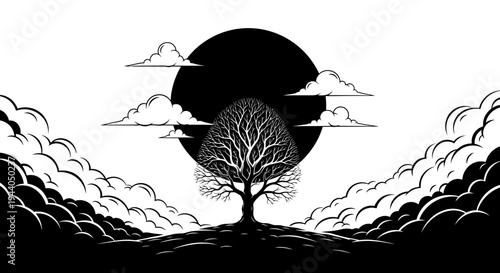 Silhouette tree against a full moon and clouds, black and white illustration