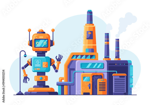 Friendly robot waves hello in front of a modern factory with smoking chimneys