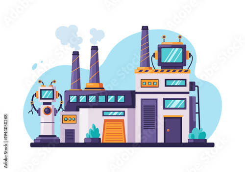 Modern factory with robotic automation and smokestacks, symbolizing industrial progress
