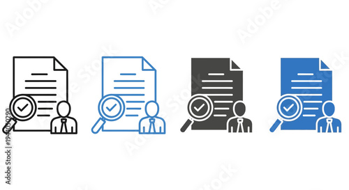 Job Search Icon Set: Magnifying Glass Over Document and Person Icons