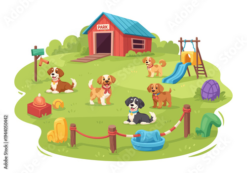 Cute cartoon dogs playing and relaxing in a sunny park with playground and dog house