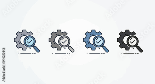 Gear with Magnifying Glass Icons Set: Analysis, Search, Optimization, and Review
