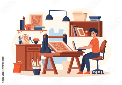 Artist working on a printing press and laptop in a creative studio setting