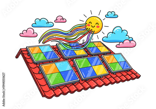 Happy cartoon sun beaming colorful rays onto solar panels on a rooftop