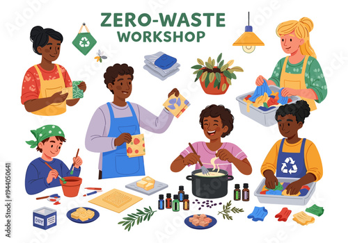 Diverse group of people participating in a zero-waste workshop, learning sustainable crafts