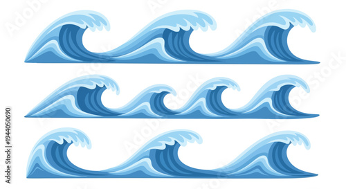 Three stylized waves illustrating oceanic movement and fluid dynamics in a serene blue palette Vector