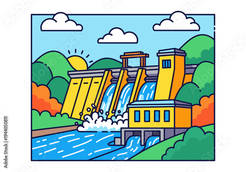 Vibrant illustration of a hydroelectric dam with water flowing and sun rising over green hills