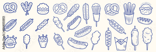 Hand-Drawn Icons: Fast Food Collection, Street Food, Snacks, Line Art Elements