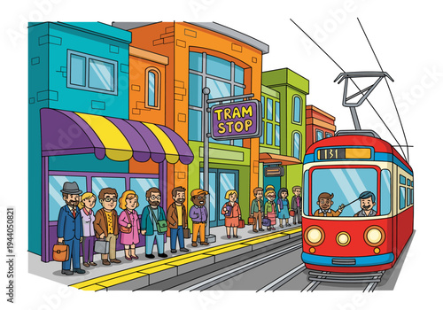 Diverse group of people waiting at a colorful tram stop in a city