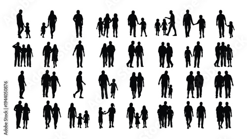 Collection of diverse human silhouettes in various poses and occupations