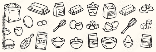 Hand Drawn Baking Ingredients Icons: Flour, Butter, Eggs, Yeast, Whisk